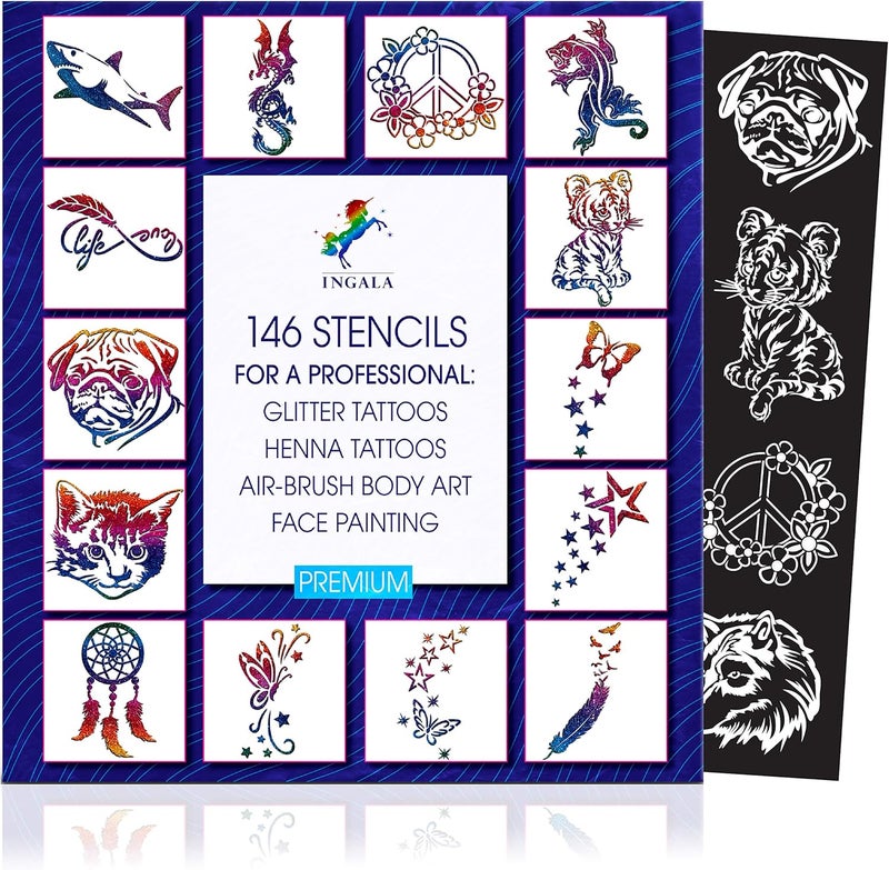 Stencils Set for Temporary Tattoos 146 Glitter Tattoo Stencils for Kids Stenciles Kit for Glitter Tattoos for kids Teens and Adults Henna Tattoo Stencils 510 Year Old Girl Gifts