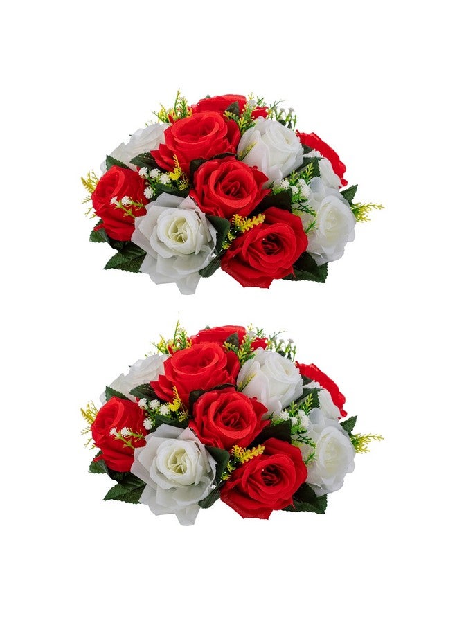 Lovecat Artificial Roses Flowers, 2 Pcs Flower Ball Arrangement Bouquets 15 Heads Plastic Roses with Base, Perfect for Wedding Party Valentines Table Decoration, Home Décor, Wedding Centerpieces（Red White） - Image 1