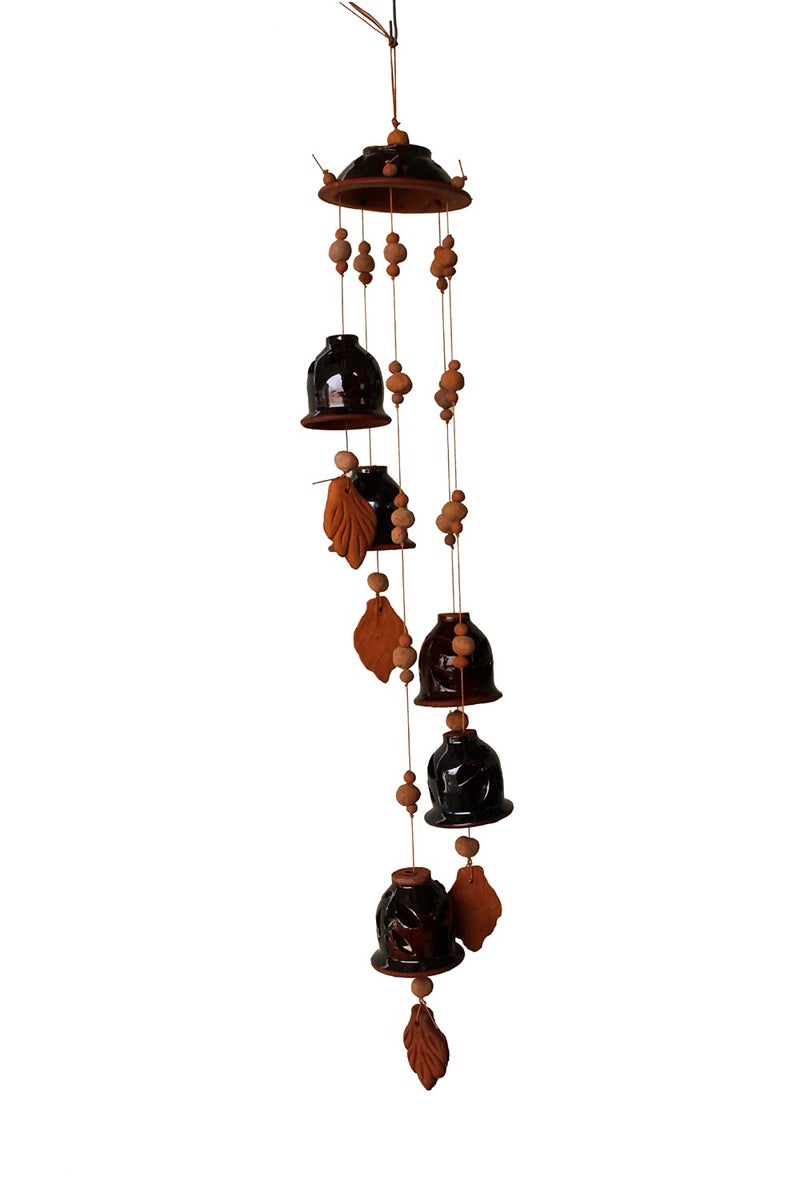 DEVICE OF ESVAR STONECRAFT ...EVERY STROY IS UNIQUE EVERY HOME IS DIFFERENT..... ES ESVAR STONECRAFT Terracotta Ceramic Coated Red Wind Chime Five Bells Cap Design Handmade Craft with Great Melodious Sound Bells 60 cm - Image 1
