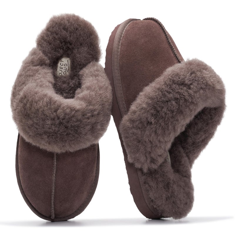 Project Cloud 100% Genuine Leather Slippers for Women Footwear with Genuine Fur Lining Womens Clogs & Mule - Non-slip Indoor/Outdoor Scuff Womens Slippers with Memory Foam Insole (Henka, BRWN, 5.5)