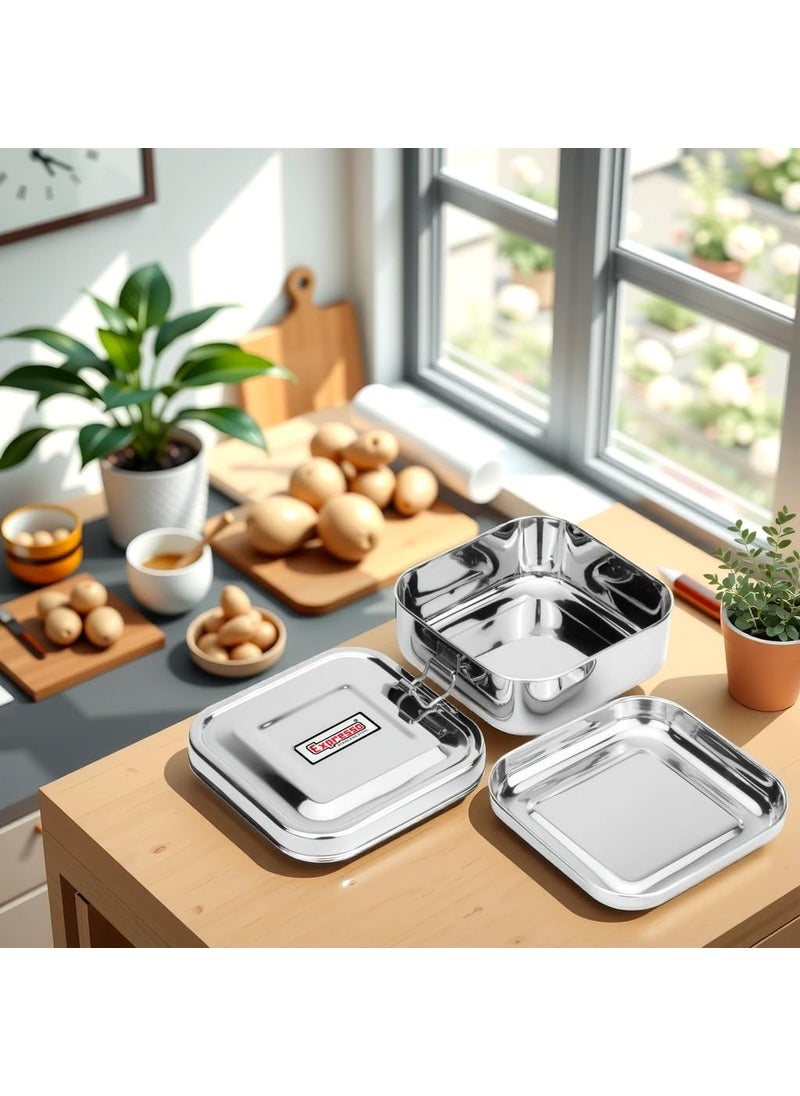 Expresso Expresso Steel Tiffin Box for Office | Stainless Steel Lunch Box, 300 ML with Inner Plate | Traditional Design Glossy Finish Steel Box in Silver  - Image 5