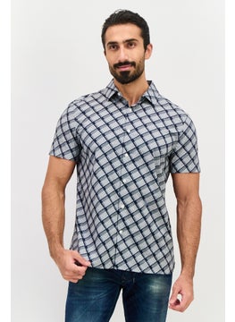 PERRY ELLIS Men Stretch Fit Abstract Print Short Sleeve Casual Shirt, Navy  - Image 1