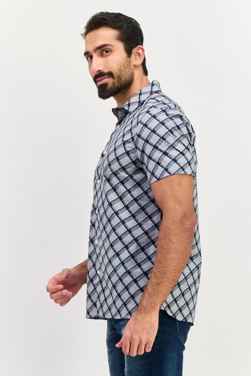 PERRY ELLIS Men Stretch Fit Abstract Print Short Sleeve Casual Shirt, Navy - Image 2