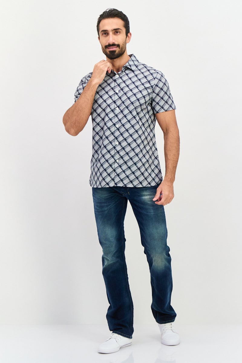 PERRY ELLIS Men Stretch Fit Abstract Print Short Sleeve Casual Shirt, Navy - Image 4