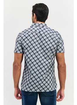 PERRY ELLIS Men Stretch Fit Abstract Print Short Sleeve Casual Shirt, Navy  - Image 3