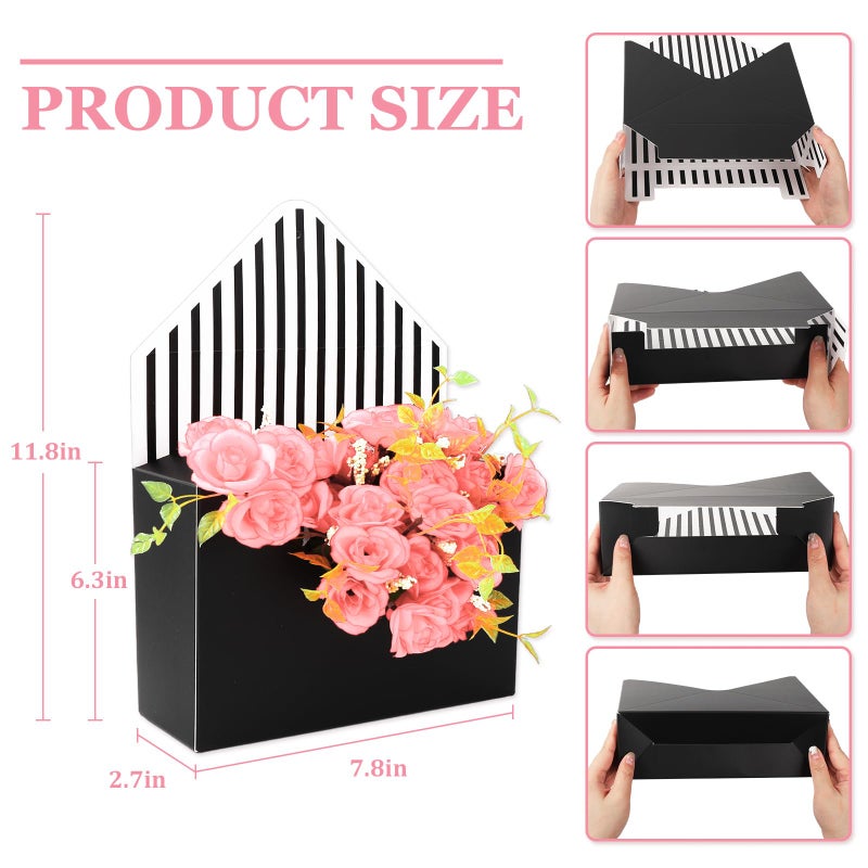 FYSUIMU 4Pcs Floral Envelope Box Empty Flower Stripe Paper Box Florist Bouquet Packaging Box for Mother's Day Wedding Birthday Party Arrangements, Black - Image 2
