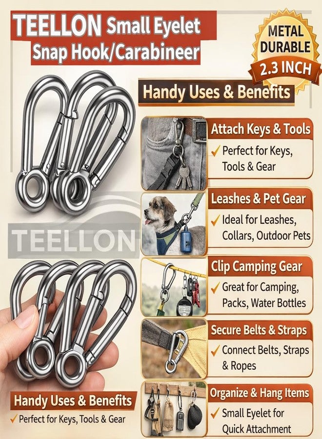 TEELLON 2.2-Inch (6mm) Pack-8 Small Eyelet Spring Snap Hooks Carabineer Zipper Clips for Backpack Keychain Clip, Metal Mini Opening Lock Clips for Keys, Outdoor Hiking Camping Dog Leash DIY Projects - Image 3