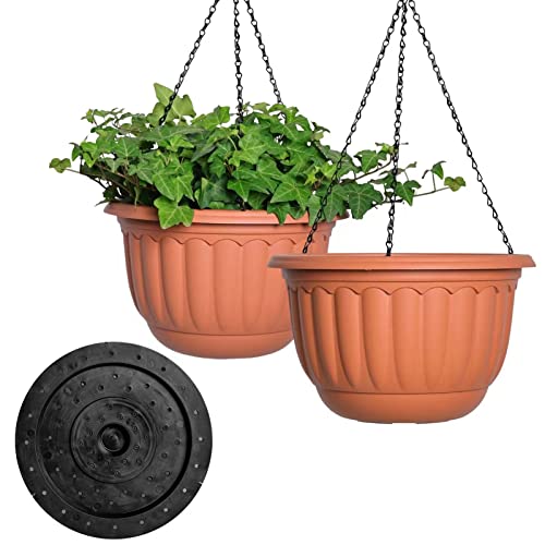 YIKUSH Hanging Planter for Indoor and Outdoor Plants 2 Pack 12 inch Flower Pot Plastic Plant Pot with Drainage Hole and Absorbing Tray（Terracotta） - Image 1