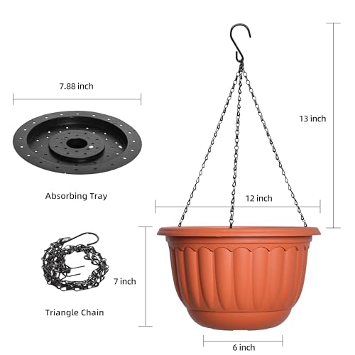 YIKUSH Hanging Planter for Indoor and Outdoor Plants 2 Pack 12 inch Flower Pot Plastic Plant Pot with Drainage Hole and Absorbing Tray（Terracotta） - Image 2
