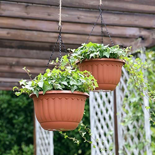 YIKUSH Hanging Planter for Indoor and Outdoor Plants 2 Pack 12 inch Flower Pot Plastic Plant Pot with Drainage Hole and Absorbing Tray（Terracotta） - Image 3