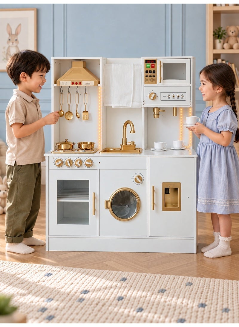 MaBaby Wooden Play Kitchen for Kids, 25 Pcs Pretend Play Toys with Spray Mist & Rotating Sound Light, Realistic Cooking Set with Sink, Microwave, Ice Maker, Storage for Toddlers, Educational Toy (103x90.5x30cm) - Image 5
