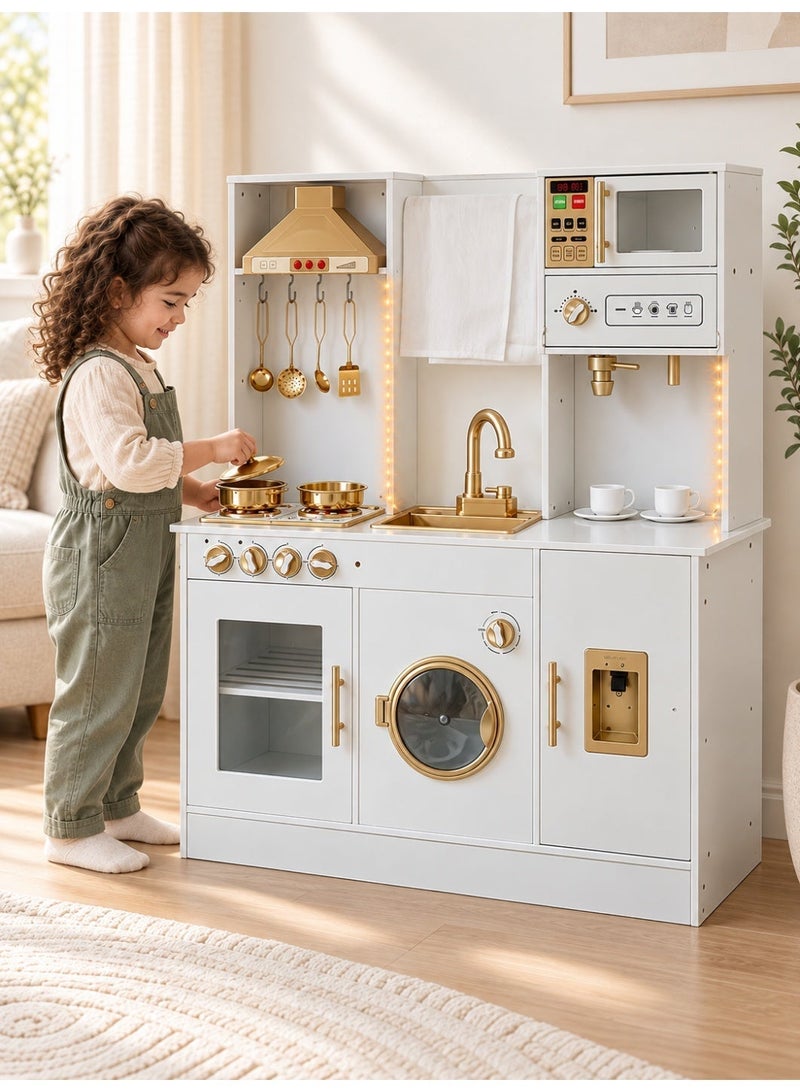 MaBaby Wooden Play Kitchen for Kids, 25 Pcs Pretend Play Toys with Spray Mist & Rotating Sound Light, Realistic Cooking Set with Sink, Microwave, Ice Maker, Storage for Toddlers, Educational Toy (103x90.5x30cm) - Image 4