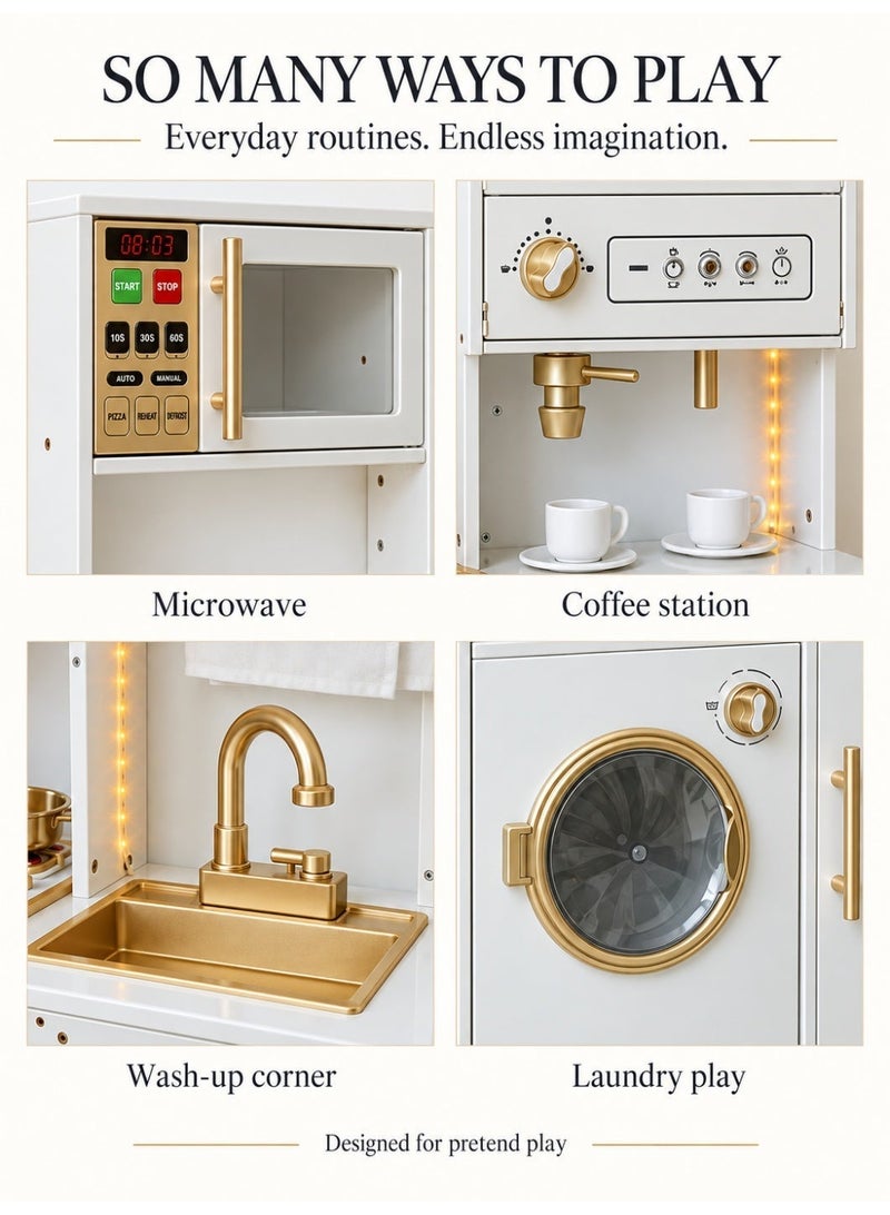 MaBaby Wooden Play Kitchen for Kids, 25 Pcs Pretend Play Toys with Spray Mist & Rotating Sound Light, Realistic Cooking Set with Sink, Microwave, Ice Maker, Storage for Toddlers, Educational Toy (103x90.5x30cm) - Image 3