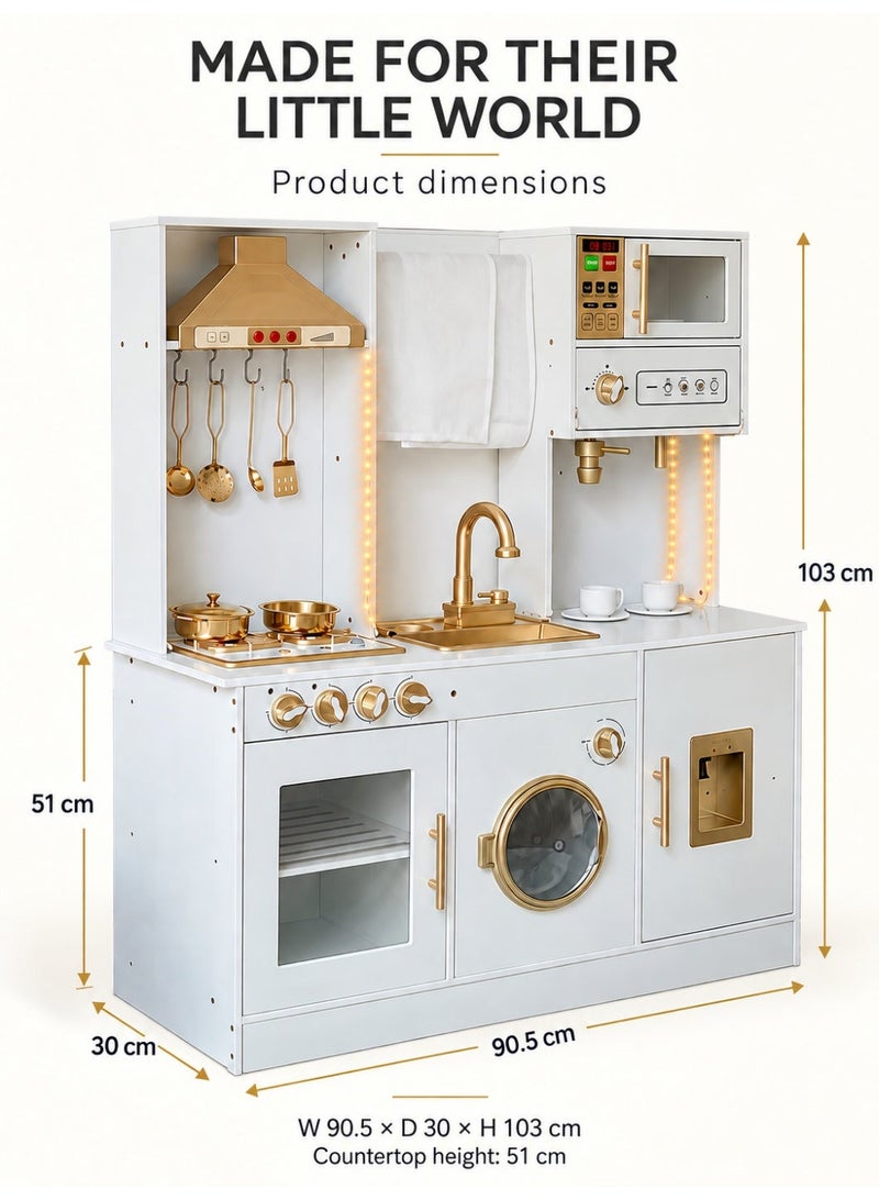 MaBaby Wooden Play Kitchen for Kids, 25 Pcs Pretend Play Toys with Spray Mist & Rotating Sound Light, Realistic Cooking Set with Sink, Microwave, Ice Maker, Storage for Toddlers, Educational Toy (103x90.5x30cm) - Image 2