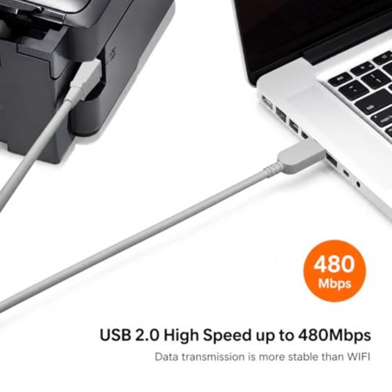 كابل طابعة USB 3 أمتار - سلك USB 2.0 من النوع A إلى B عالي السرعة 480 ميجابت في الثانية متوافق مع جميع أجهزة منفذ USB والطابعات والماسحات الضوئية. كابل USB طويل متين للكمبيوتر والكمبيوتر المحمول - رمادي - Image 4