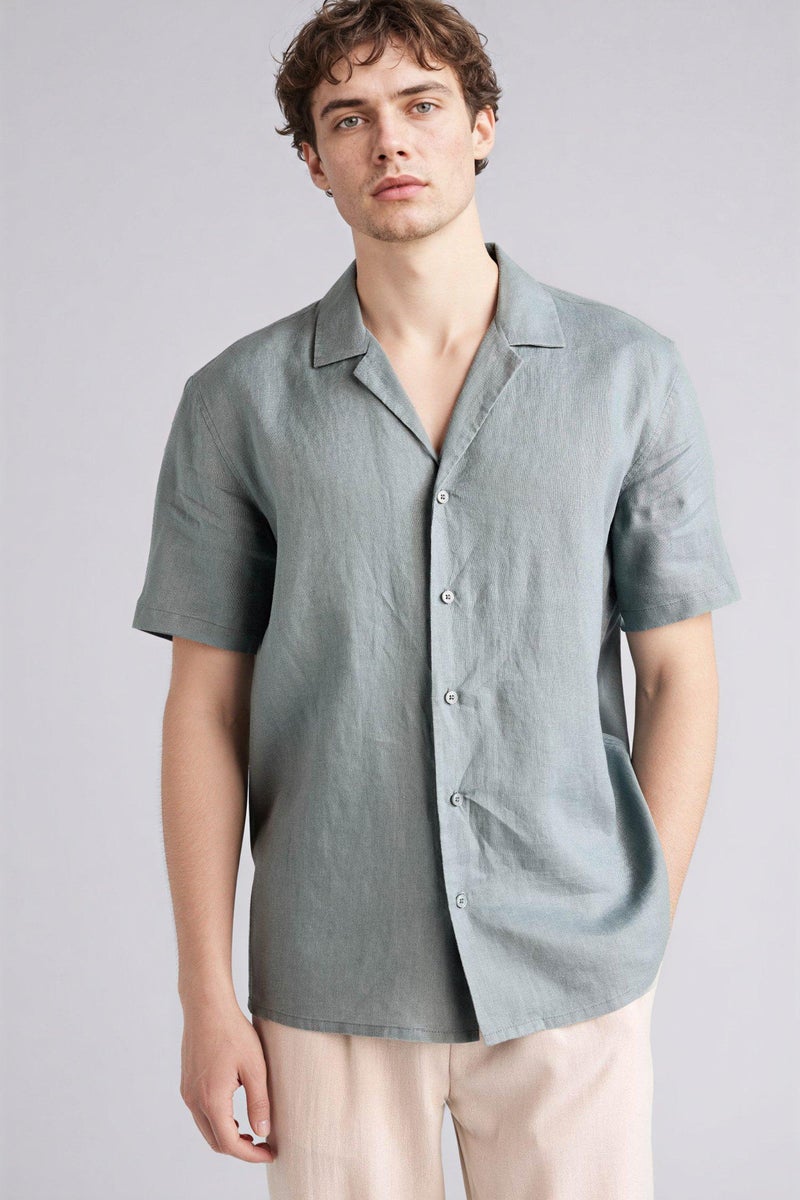 DeFacto Green Man Regular Fit Polo Collar Linen Shirt Casual - Image 4