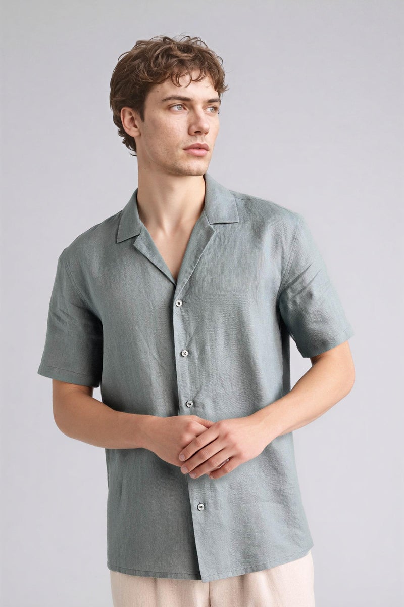DeFacto Green Man Regular Fit Polo Collar Linen Shirt Casual - Image 5