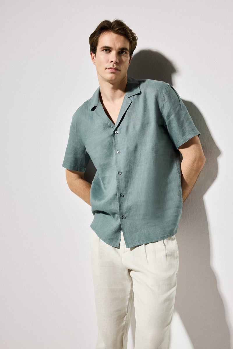 DeFacto Green Man Regular Fit Polo Collar Linen Shirt Casual - Image 1