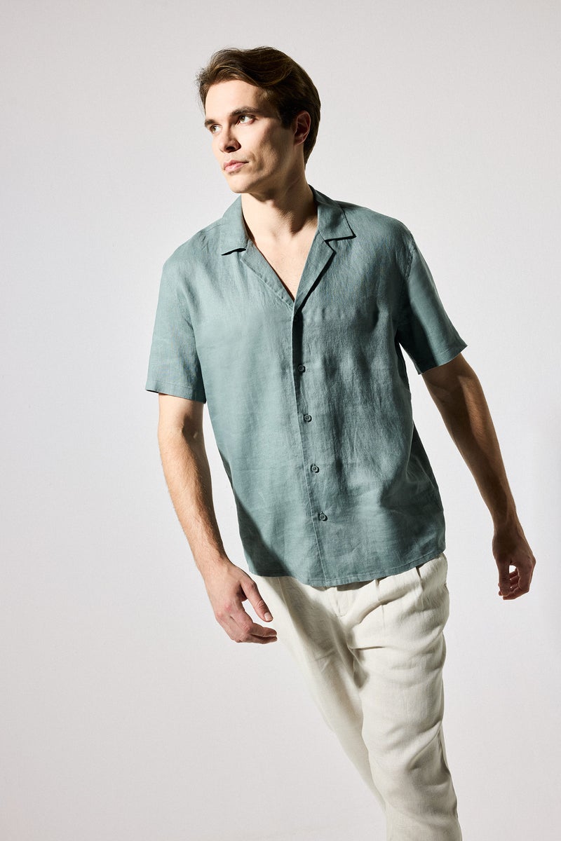 DeFacto Green Man Regular Fit Polo Collar Linen Shirt Casual - Image 3