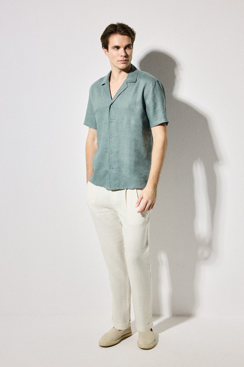 DeFacto Green Man Regular Fit Polo Collar Linen Shirt Casual - Image 2