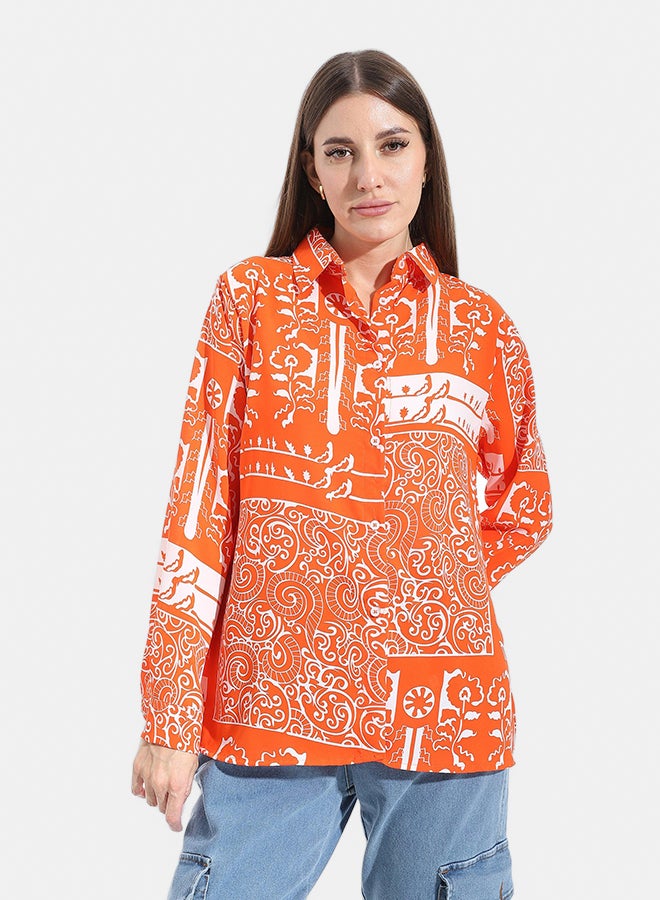 Andora Self patterned Turned Down Collar Blouse _ Orange & White - Image 1