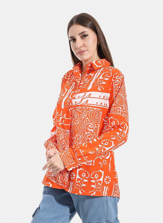 Andora Self patterned Turned Down Collar Blouse _ Orange & White - Image 2