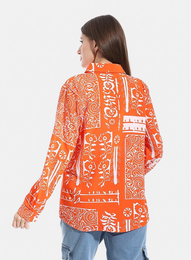 Andora Self patterned Turned Down Collar Blouse _ Orange & White - Image 4