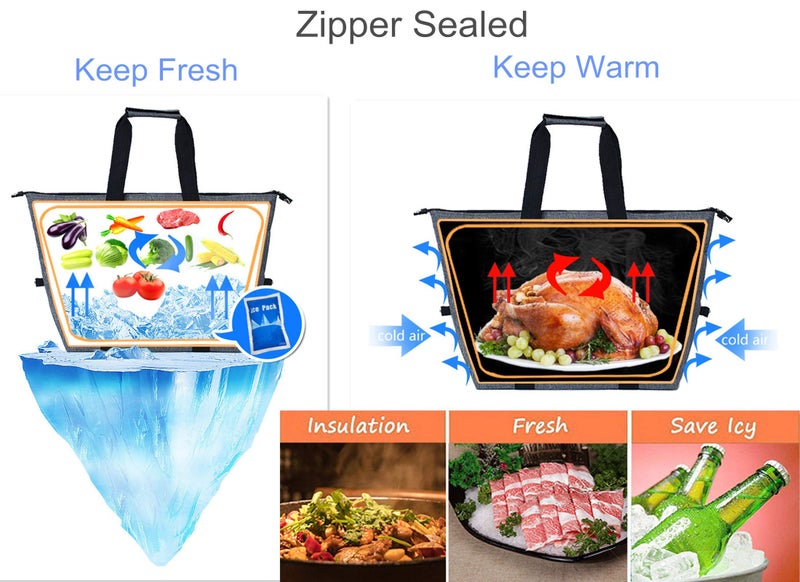 DoroSun Insulated Grocery Cooler Food Bags with Zipper for Shopping, Travel, Picnic or Lunch, Alumimum Foam Tote Bag for Frozen Cold Hot Foods Delivery, Blue - Image 5