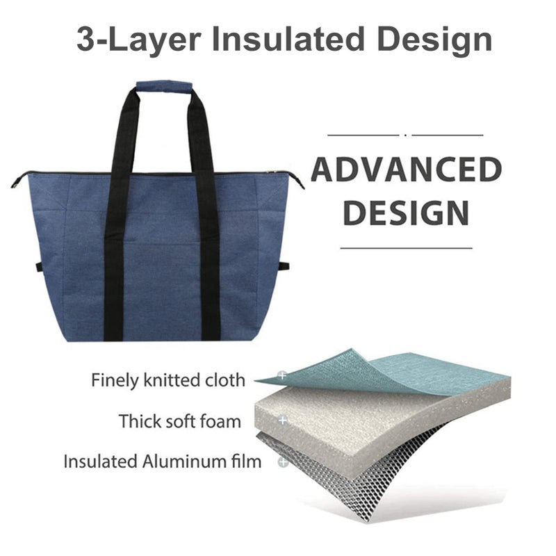 DoroSun Insulated Grocery Cooler Food Bags with Zipper for Shopping, Travel, Picnic or Lunch, Alumimum Foam Tote Bag for Frozen Cold Hot Foods Delivery, Blue - Image 3