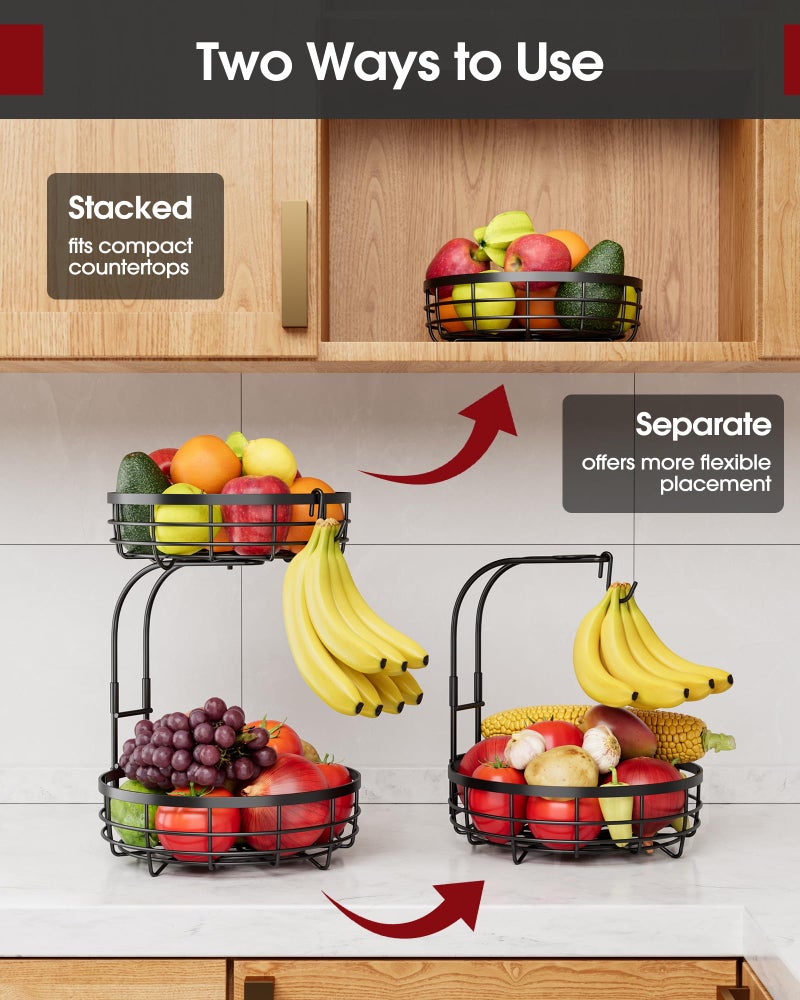 Sakugi Fruit Basket for Kitchen Counter - 2-Tier Large Capacity Fruit Bowl with Detachable Banana Hanger, Rust-Proof Metal Fruit Holder for Vegetables, Bread, Toiletry,10" D x 10" W x 14" H, Black - Image 4