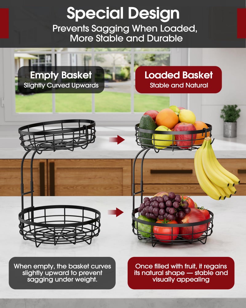 Sakugi Fruit Basket for Kitchen Counter - 2-Tier Large Capacity Fruit Bowl with Detachable Banana Hanger, Rust-Proof Metal Fruit Holder for Vegetables, Bread, Toiletry,10" D x 10" W x 14" H, Black - Image 2