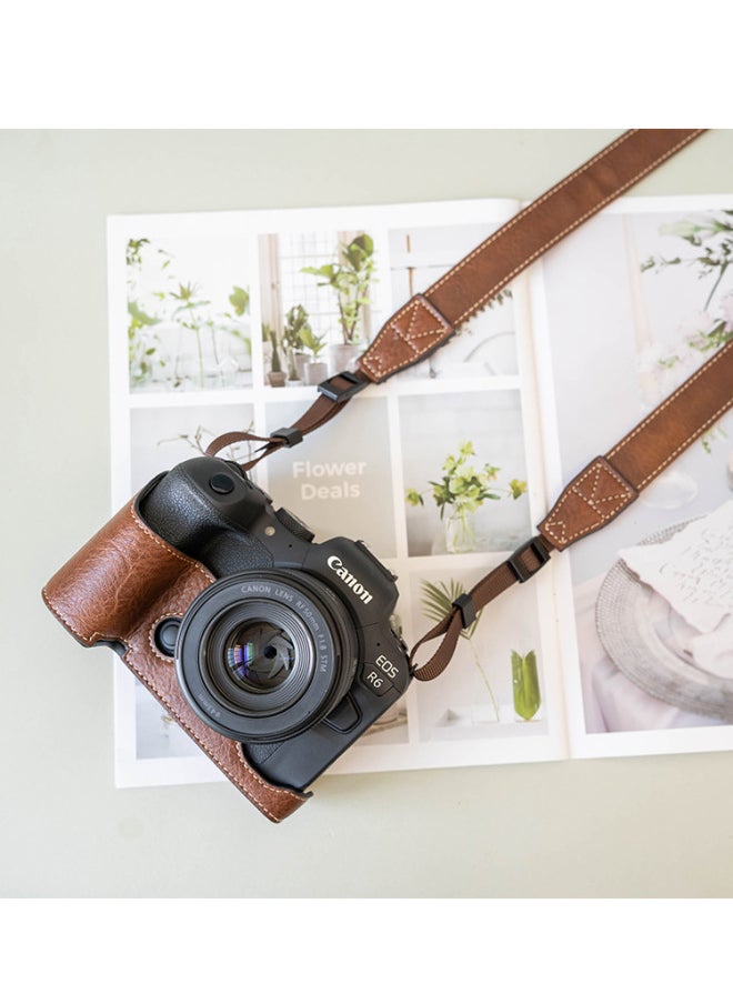 Generic Canon R50 Protective Case R10 Camera Bag RPR8 Leather Case R7 Base Bag R5 Protective Case R6 Second Generation Accessories R100-Color:R5/r6/r62 Coffee Color Protective Cover + Coffee Color Pu Shoulder Strap  - Image 1