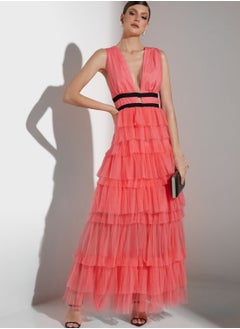 Plunge Front Tulle Layered Maxi Dress