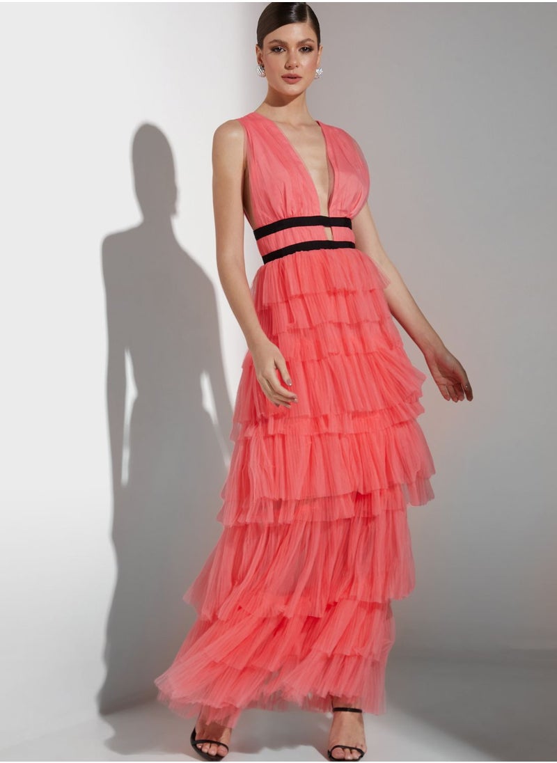 True Decadence - Plunge Front Tulle Layered Maxi Dress - Image 1