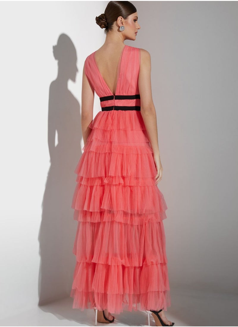 True Decadence - Plunge Front Tulle Layered Maxi Dress - Image 1