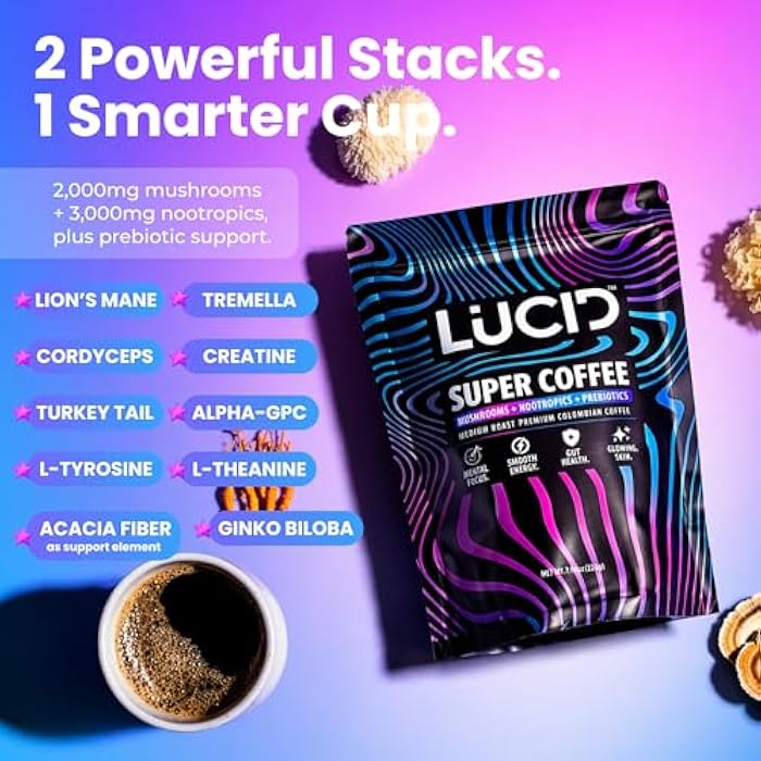 Lucid Superfood Organic Mushroom Coffee with Nootropics - Lion's Mane, Tremella, Cordyceps & Turkey Tail - Instant Mushroom Coffee Focus Brain Health - Alpha GPC, L-Theanine, Ginko Biloba - USA Made - Image 3