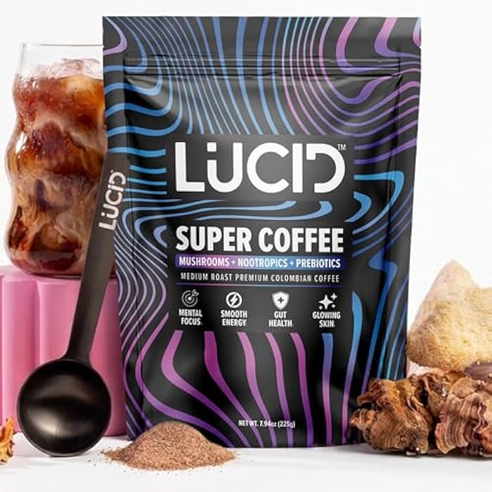Lucid Superfood Organic Mushroom Coffee with Nootropics - Lion's Mane, Tremella, Cordyceps & Turkey Tail - Instant Mushroom Coffee Focus Brain Health - Alpha GPC, L-Theanine, Ginko Biloba - USA Made - Image 1