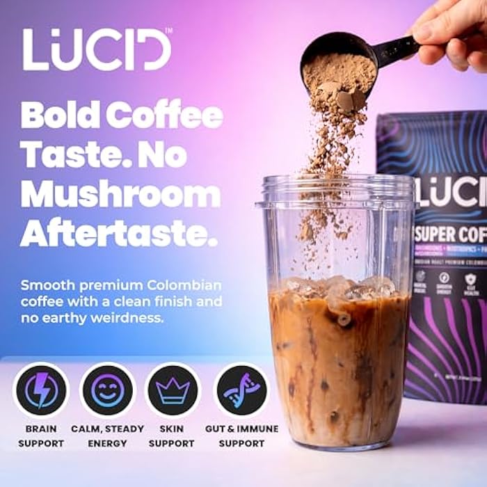 Lucid Superfood Organic Mushroom Coffee with Nootropics - Lion's Mane, Tremella, Cordyceps & Turkey Tail - Instant Mushroom Coffee Focus Brain Health - Alpha GPC, L-Theanine, Ginko Biloba - USA Made - Image 4