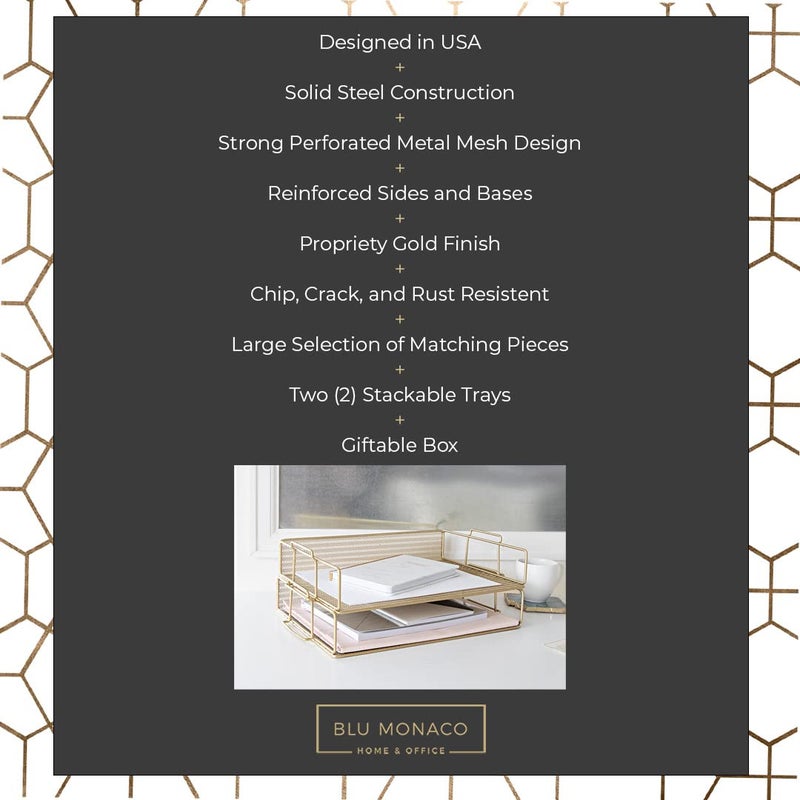 BLU MONACO Gold Mesh Paper Tray â€“ Set of 2 Stackable Letter Trays â€“ Durable Metal Desk Organizer for Home, Office & School â€“ Stylish Document Holder, File Storage, and Workspace Organizer - Image 3