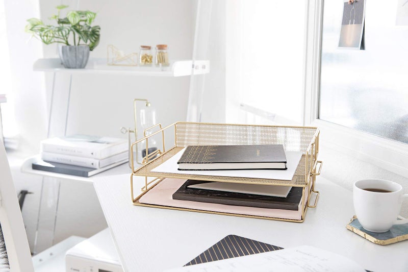 BLU MONACO Gold Mesh Paper Tray â€“ Set of 2 Stackable Letter Trays â€“ Durable Metal Desk Organizer for Home, Office & School â€“ Stylish Document Holder, File Storage, and Workspace Organizer - Image 2