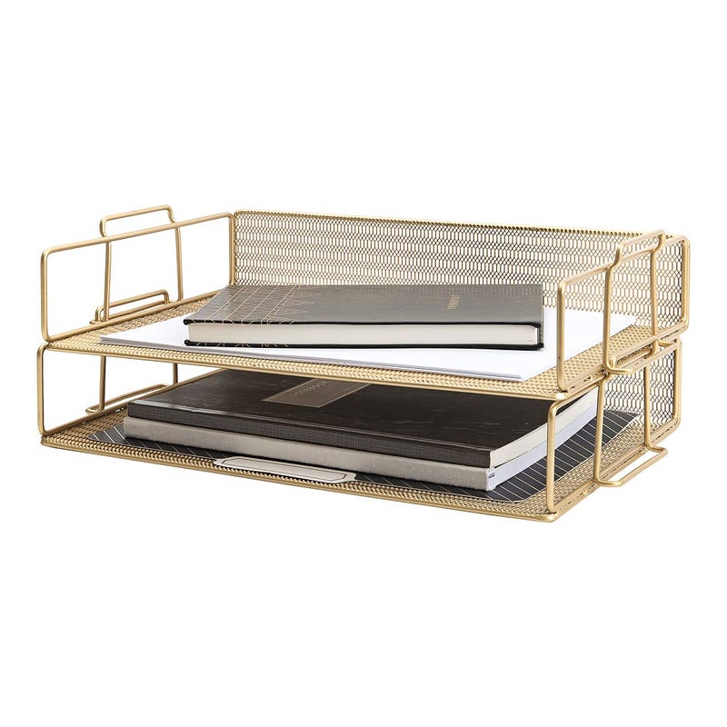 BLU MONACO Gold Mesh Paper Tray â€“ Set of 2 Stackable Letter Trays â€“ Durable Metal Desk Organizer for Home, Office & School â€“ Stylish Document Holder, File Storage, and Workspace Organizer - Image 1