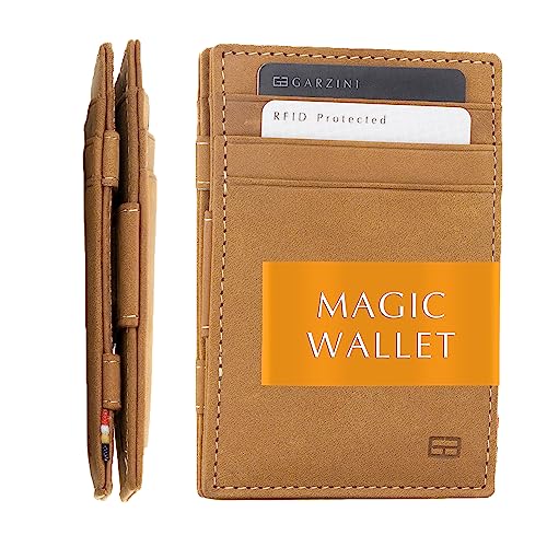GARZINI Magic Wallet For Men, Minimalist Wallet with RFID card holder, Leather Wallet for 10 cards, Camel Brown - Image 1