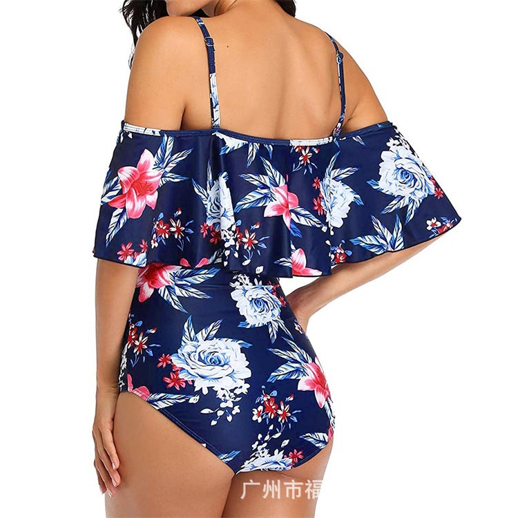 wish independent station ladies one-shoulder sling stretch comfortable printing pregnant mother one-piece swimsuit Navy blue(print) XL - Image 4