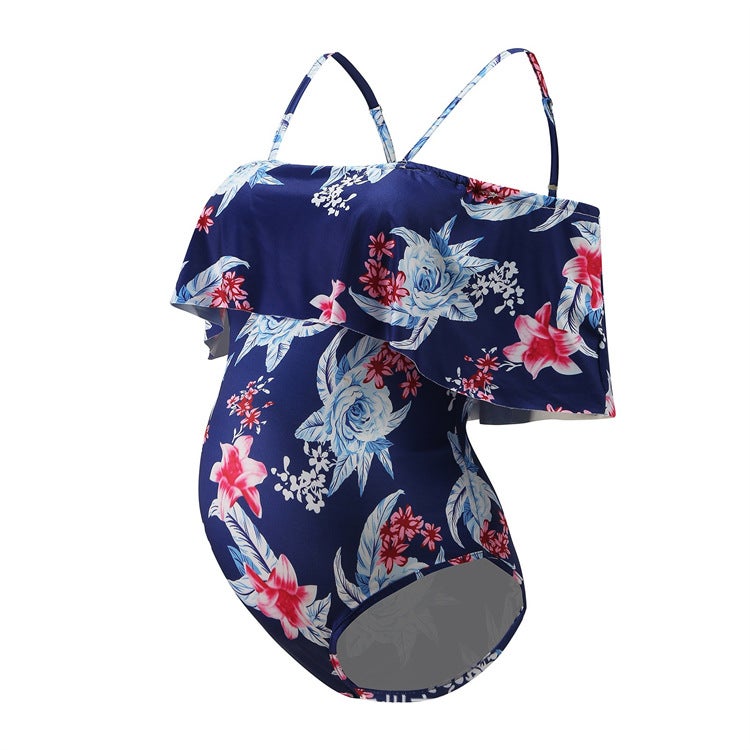 wish independent station ladies one-shoulder sling stretch comfortable printing pregnant mother one-piece swimsuit Navy blue(print) XL - Image 5