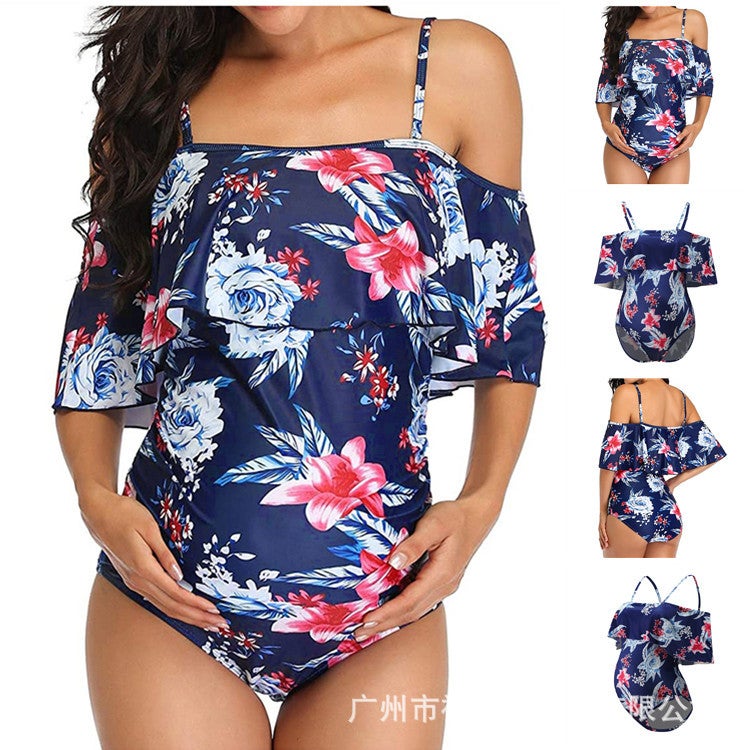 wish independent station ladies one-shoulder sling stretch comfortable printing pregnant mother one-piece swimsuit Navy blue(print) XL - Image 2
