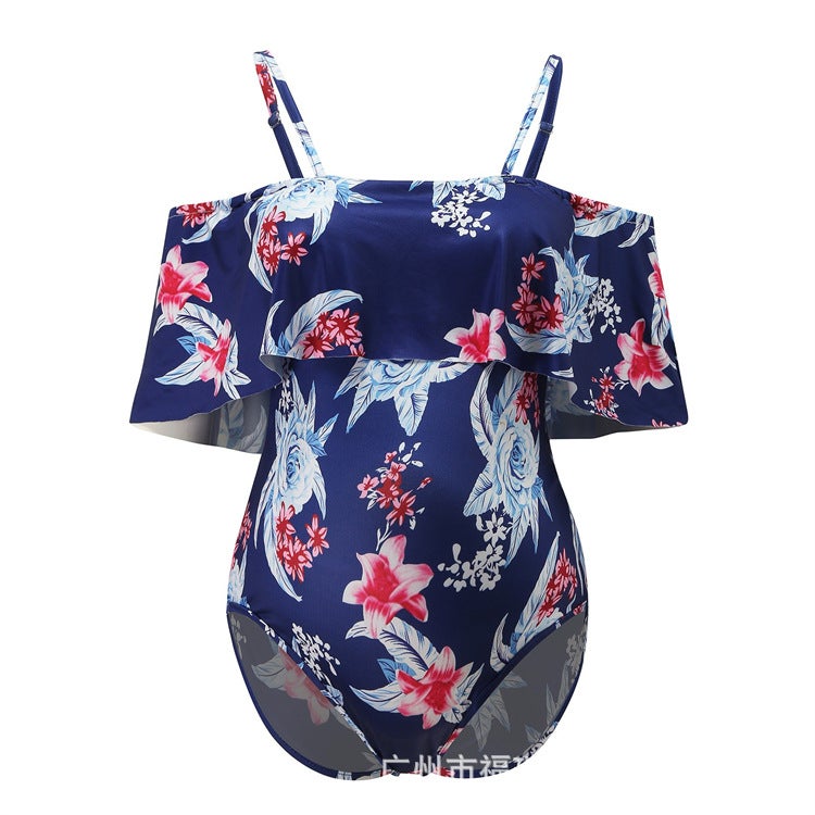 wish independent station ladies one-shoulder sling stretch comfortable printing pregnant mother one-piece swimsuit Navy blue(print) XL - Image 1