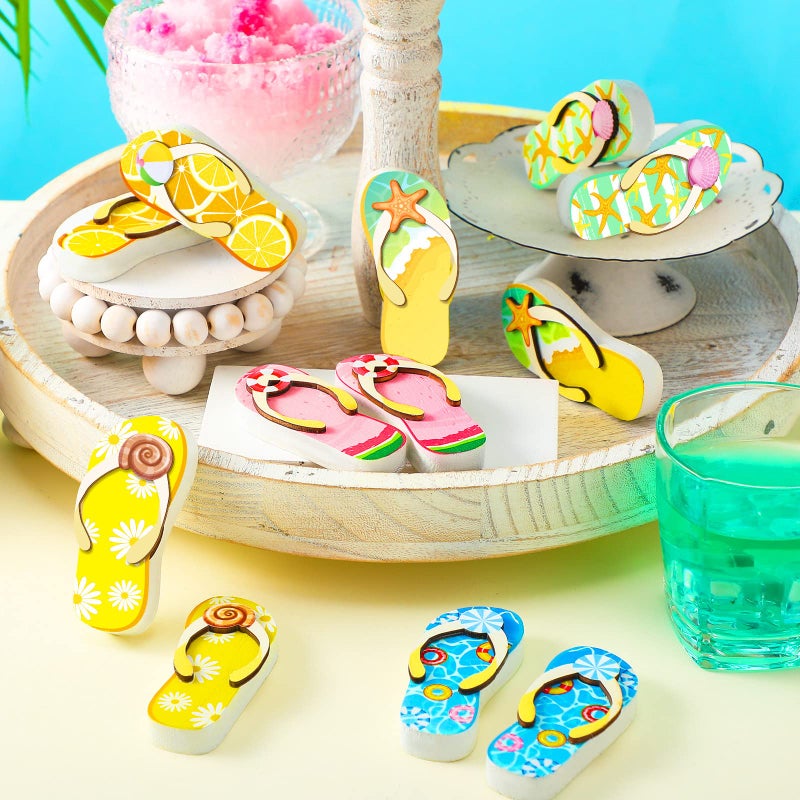 Marsui 12 Pcs Summer Tiered Tray Decor Summer Decorations for Home Flip Flop Tiered Tray Decor Set Beach Hawaii Slippers Wooden Tabletop Signs Summer Flip Flop Decorations for Home Kitchen Table Colorful