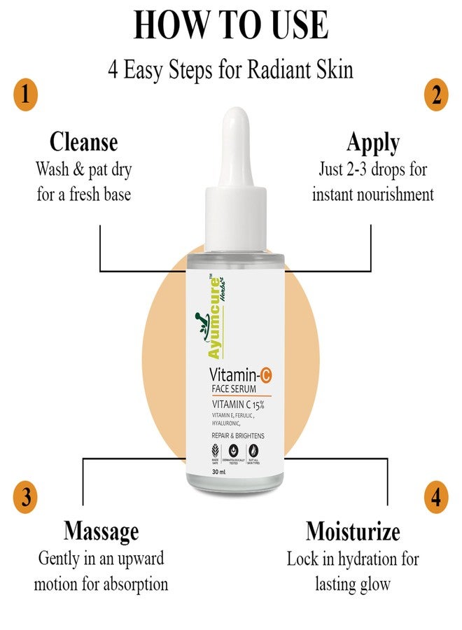 Ayumcure 15% Vitamin C Face Serum 30 ml | Brightening & Anti-Aging | With Vitamin E, Ferulic Acid & Hyaluronic Acid | Reduces Dark Spots, Wrinkles & Hyperpigmentation - Image 5