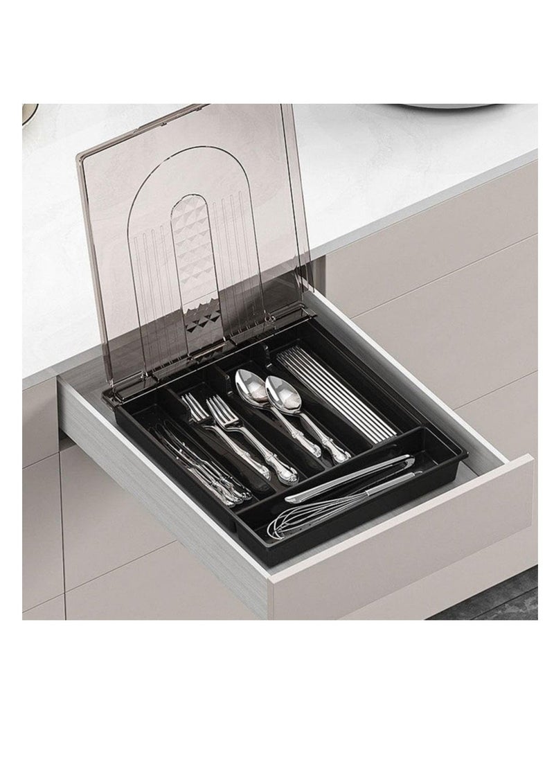 Generic - Utensil Tray with Lid, 5 Compartments Covered Silverware Organizer Case, Plastic Tray for Drawer for Spoons Forks, Plastic Cutlery and Flatware Storage Box for Kitchen Drawer and Countertop (grey) - Image 1
