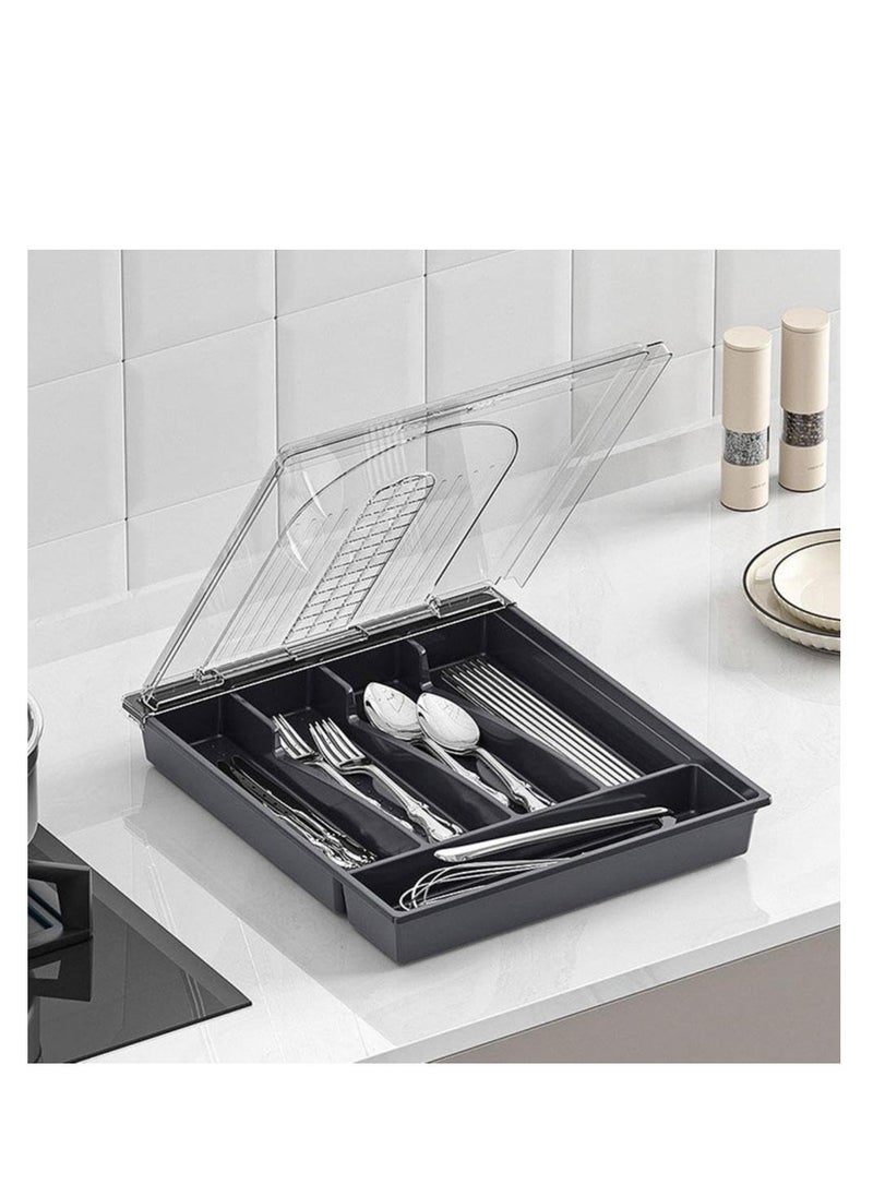 Generic - Utensil Tray with Lid, 5 Compartments Covered Silverware Organizer Case, Plastic Tray for Drawer for Spoons Forks, Plastic Cutlery and Flatware Storage Box for Kitchen Drawer and Countertop (grey) - Image 1